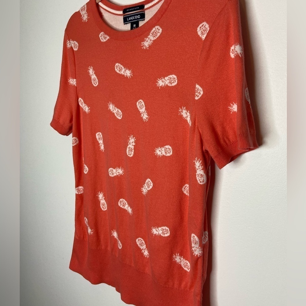 Lands End 100% Supima Cotton Sweater.  Size M. Pineapple print. Short sleeve.